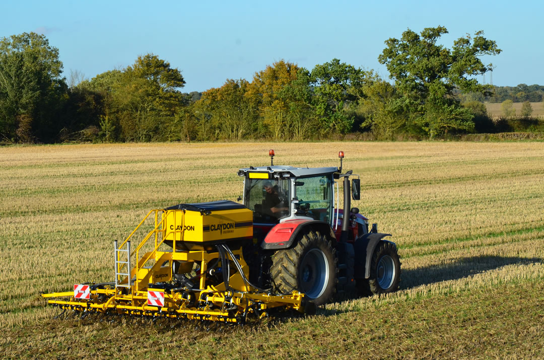 One of the new Claydon Evolution mounted drills operating on the Claydon farm in Suffolk